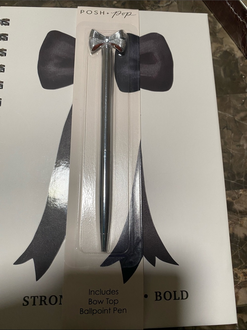 POSH + POP Silver Bow Top Ballpoint Pen and journal with stickers